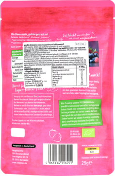 Różowe opakowanie Roxanne Super-Beeren, tył z tabelą wartości odżywczych, kodem kreskowym i suszonymi jagodami.