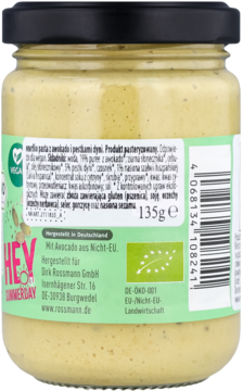 Tył szklanego słoika Hey Summerday z jasnym kremem z awokado, etykieta z danymi produktu i wagą 135g.