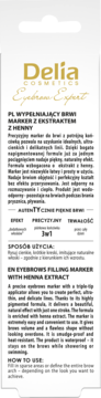 Tył opakowania Delia Eyebrow Expert, wypełniający marker do brwi z ekstraktem z henny, z opisem PL/EN.