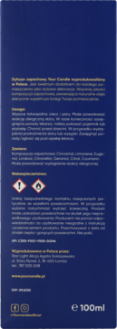 Tył opakowania dyfuzora Your Candle, granatowe z ostrzeżeniami i złotym tekstem, skład 100ml.