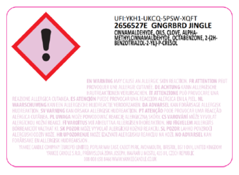 Etykieta ostrzegawcza produktu, biała z różową ramką i czerwonym piktogramem GHS o alergenach. Widok z przodu.