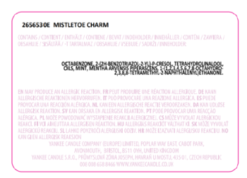 Yankee Candle Mistletoe Charm, zbliżenie na tył etykiety z listą składników i ostrzeżeniem o alergii.