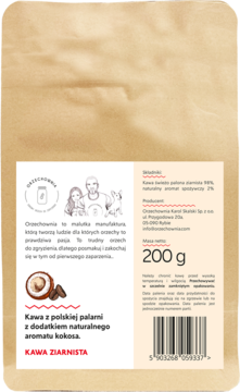 Tył opakowania kawy ziarnistej 200g z polskiej palarni, o kokosowym aromacie. Brązowa torebka, widoczny barcode.