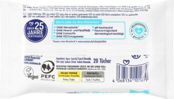 Tył białego opakowania chusteczek nawilżanych Babydream dla dzieci, 20 sztuk. 100% naturalne włókna, pH neutralne.