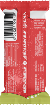 Tył czerwonego opakowania batonika truskawkowego Helpa z danymi odżywczymi, kodem kreskowym i kontaktem.