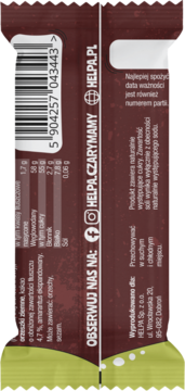 Tył opakowania batonika Kakao Helpa. Ciemnobrązowy z kodem kreskowym, składem, wartościami odżywczymi i danymi producenta.