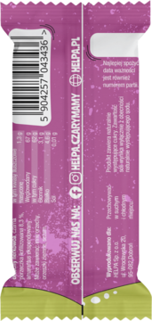 Tył fioletowego opakowania batonika Helpa Czarna Porzeczka z widocznym kodem kreskowym i wartościami odżywczymi.