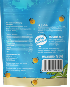 Helpa Bio kulki mango, ekologiczne suszone owoce bez cukru, turkusowa torebka, przód z tropikalną grafiką.