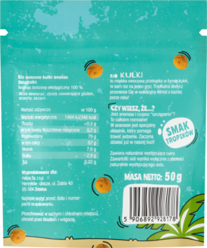 Tył tealowego opakowania Helpa suszonych kulek ananasa 50g: tropikalny wzór, tabela wartości odżywczych i kod kreskowy.