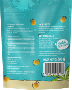 Tył turkusowego opakowania Helpa Bio Kulki ananasa, z tropikalnym motywem, czytelną etykietą i kodem.