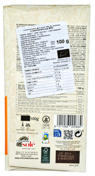 Tył opakowania czekolady gorzkiej Solé z pomarańczą 56% kakao, widoczne info odżywcze i certyfikaty: bio, vegan, fairtrade.