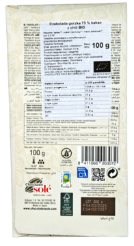 Tył opakowania czekolady gorzkiej z chili Solé 73% kakao. Biała etykieta BIO, wegańska ze składnikami i kodem QR.