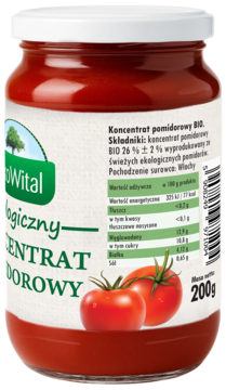 EkoWital Ekologiczny Koncentrat Pomidorowy 200g w szklanym słoiku z białą nakrętką, zielona etykieta z pomidorami.