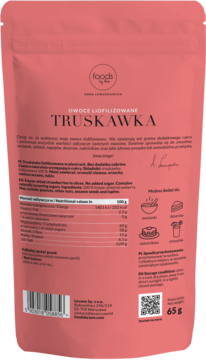 Tył różowej torebki Foods By Ann Truskawka liofilizowana, widoczna tabela wartości odżywczych, waga 65g.