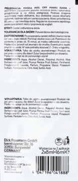 Tył białej saszetki maski Isana Peel Off, instrukcje, składniki, kod kreskowy, informacja 2x8ml.