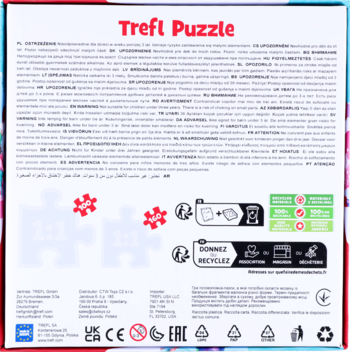 Tył opakowania Trefl Puzzle z czerwonym logo, ostrzeżeniami o małych częściach i symbolami recyklingu.