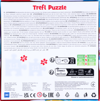Tył opakowania Trefl Puzzle z białym tłem, wielojęzycznymi instrukcjami i symbolami recyklingu.