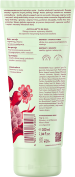 Tył zielonej tuby balsamu do ciała pobudzającego o zapachu różowego pieprzu. Widoczna etykieta po polsku, barcode, 200ml.
