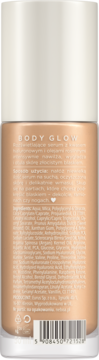 Tył butelki rozświetlającego serum BODY GLOW, złoto-beżowa z białą nakrętką, widoczne polskie napisy oraz kod kreskowy.