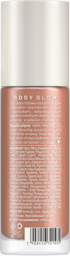 Tył opakowania serum do ciała BODY GLOW, rozświetlające, rose gold, z listą składników.