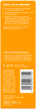 Tylna strona pomarańczowego opakowania serum Tołpa do brzucha 150 ml, z tekstem o redukcji obwodu i ujędrnieniu.