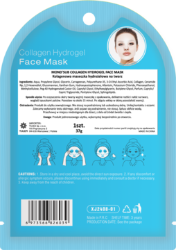 Tył opakowania maski hydrożelowej kolagenowej MÔND'SUB Face Mask w jasnoniebieskiej saszetce z opisem.
