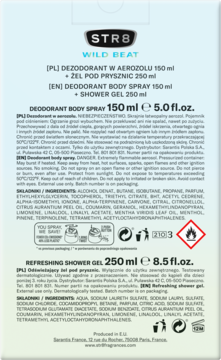 Tył jasnoniebieskiego opakowania zestawu STR8 WILD BEAT: dezodorant 150ml i żel 250ml, z piktogramem ostrzegawczym.
