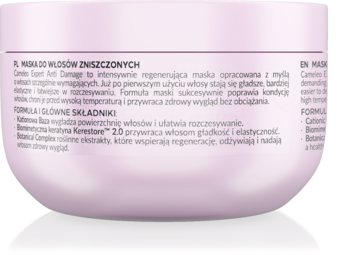 Tył różowego opakowania maski Cameleo Expert Anti-Damage do włosów zniszczonych z opisem produktu.