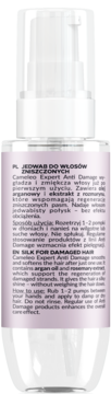 Tył butelki Cameleo Expert Anti-Damage Silk dla włosów zniszczonych, różowa etykieta z opisem arganu i rozmarynu.