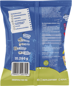 Tył opakowania Bio Łódeczek Kakao Helpa. Granatowa torba z detalami o jaglano-orkiszowych płatkach bez cukru.