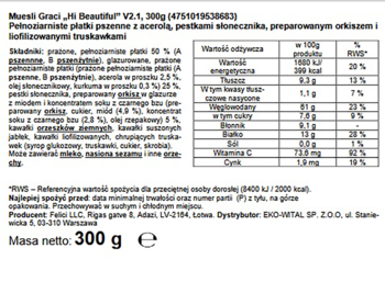 GRACI Hi Beautiful Pro-Collagen ,pełnoziarniste musli pszenne z acerolą, pestkami słonecznika, preparowanym orkiszem i liofilizowanymi truskawkami,tył