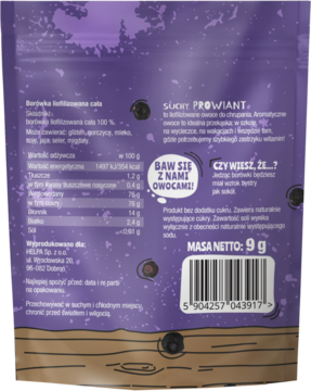 Tył fioletowego opakowania Suchy Prowiant Borówka Helpa z informacjami odżywczymi i kodem kreskowym.