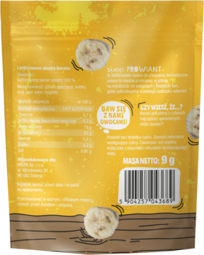 Tył żółtego opakowania Helpa Suchy Prowiant Banan 9g, liofilizowane owoce, z etykietą i kodem.