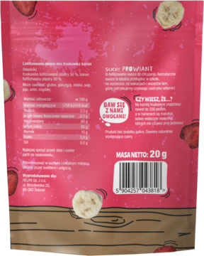 Tył różowej torebki liofilizowanych owoców Suchy Prowiant Mix Truskawka Banan Helpa 20g, info o składzie.