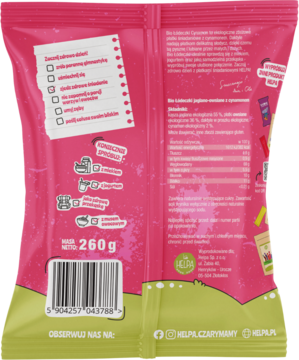 Tył różowo-zielonego opakowania Bio Łódeczek Cynamon Helpa, płatków bez cukru, z listą cech, tekstem i kodem.