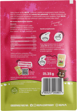 Tył opakowania Bio Kaszki Błyskawicznej Cynamon Helpa. Widoczne składniki, wartości odżywcze i instrukcja przygotowania.