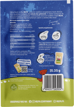Tył niebiesko-zielonego opakowania Helpa Bio Kaszka Błyskawiczna Kakao 35g, z miśkiem i polskim tekstem.