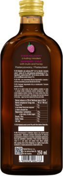 Tył butelki syropu malinowego Premium Rosa z inuliną i miodem, 250ml, etykieta z obniżoną kalorycznością.