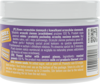 Tył słoika Moreso masła orzechowego z kawałkami, biała pokrywka, żółta etykieta, 100% orzeszków, bez cukru.