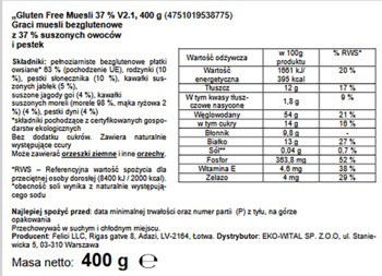 Tył opakowania Graci musli bezglutenowego z 37% owoców, skład i tabela wartości odżywczych.