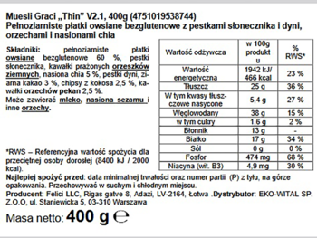 Opakowanie Muesli Graci Thin 400g, widok z przodu. Etykieta z pełnym opisem płatków owsianych, nasion, orzechów.