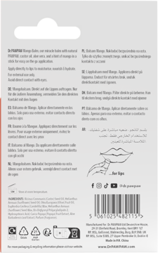 Tył opakowania balsamu Dr. PawPaw Mango Lip Balm w sztyfcie. Biały kartonik z opisem, składnikami i kodem kreskowym.