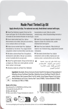 Tył opakowania Dr. PawPaw Nude Pout Tinted Lip Oil z listą składników, kodem kreskowym i instrukcjami.