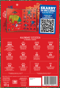 Tył czerwonego kalendarza adwentowego Sir Adalbert's Tea, 24 herbaty, QR kod, waga 48g.