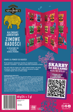 Tył różowego kalendarza adwentowego Adalbert's Zimowe Radości, z otwartymi okienkami i 24 herbatami cejlońskimi.