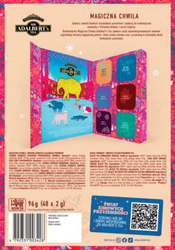 Otwarty tył opakowania herbaty Adalbert's Magiczna Chwila, z 6 smakami, ilustracjami, kodem QR i składem.