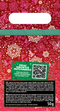 Tył opakowania herbaty Miłość 50g truskawka-śmietanka. Czerwony kartonik w płatki śniegu, z kodem QR i składem.