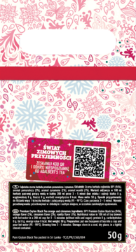 Tył opakowania herbaty Szczęście 50g, z różowym wzorem. Czarna cejlońska z pomarańczą, cynamonem i wanilią.