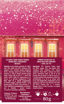 Tył opakowania herbaty Premium Ceylon Black Tea Winter Rose z kardamonem, ze składem, opisem i instrukcją.