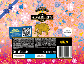 Tył opakowania herbaty Mr. Adalberty's Radość, z barwnym, świątecznym wzorem, złotym logo słonia, kodem i opisem.